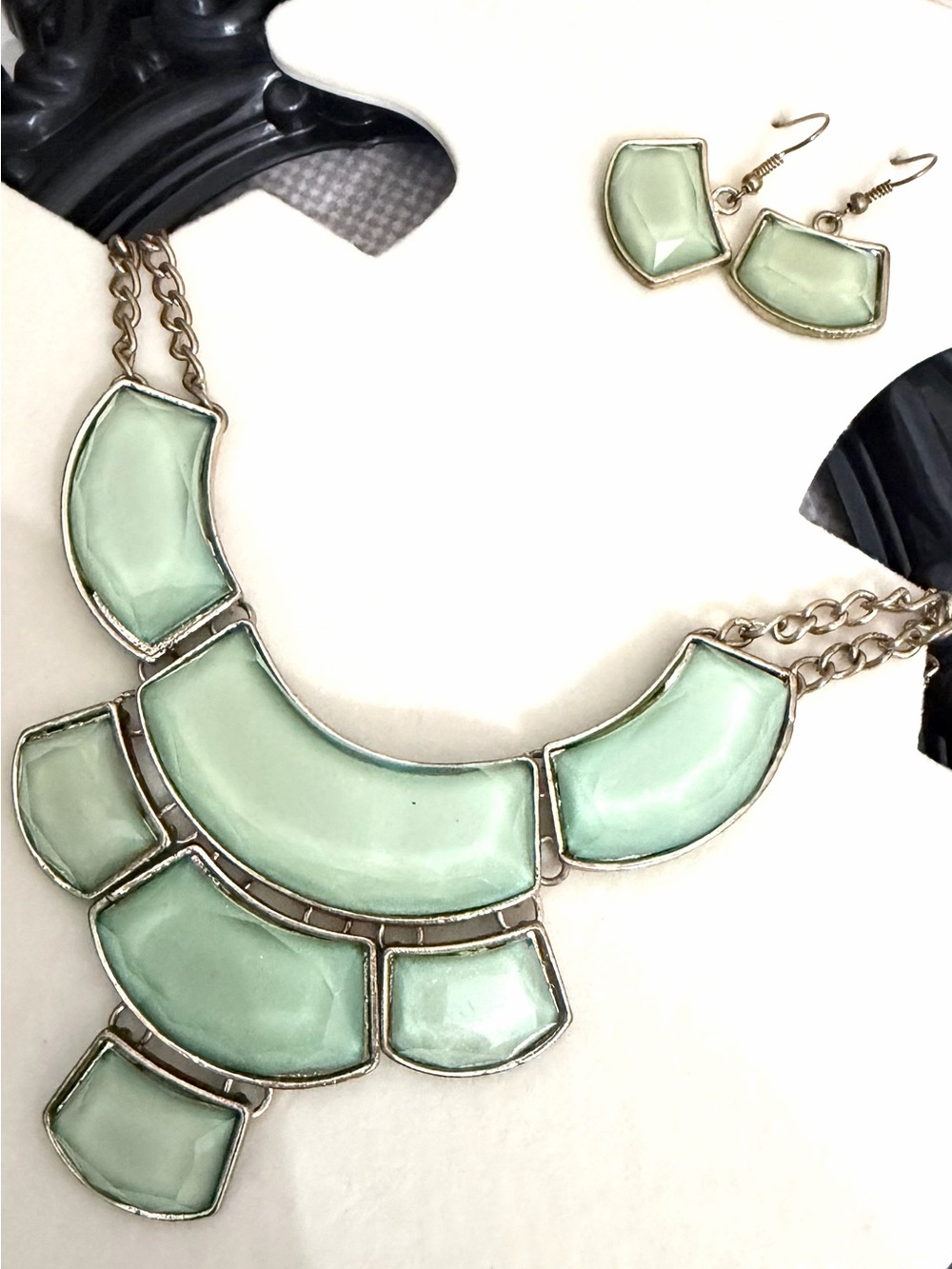 Mint Green Statement Bib Necklace and Earrings Set